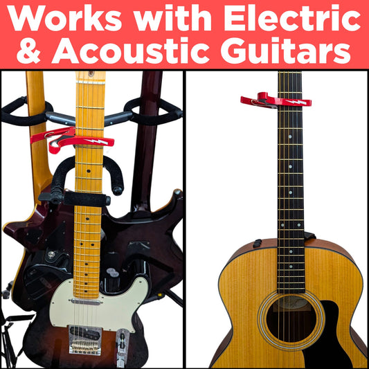Red with White Lightning Guitar Capo - Fits on All Guitars, Basses, and Most Other Stringed Instruments