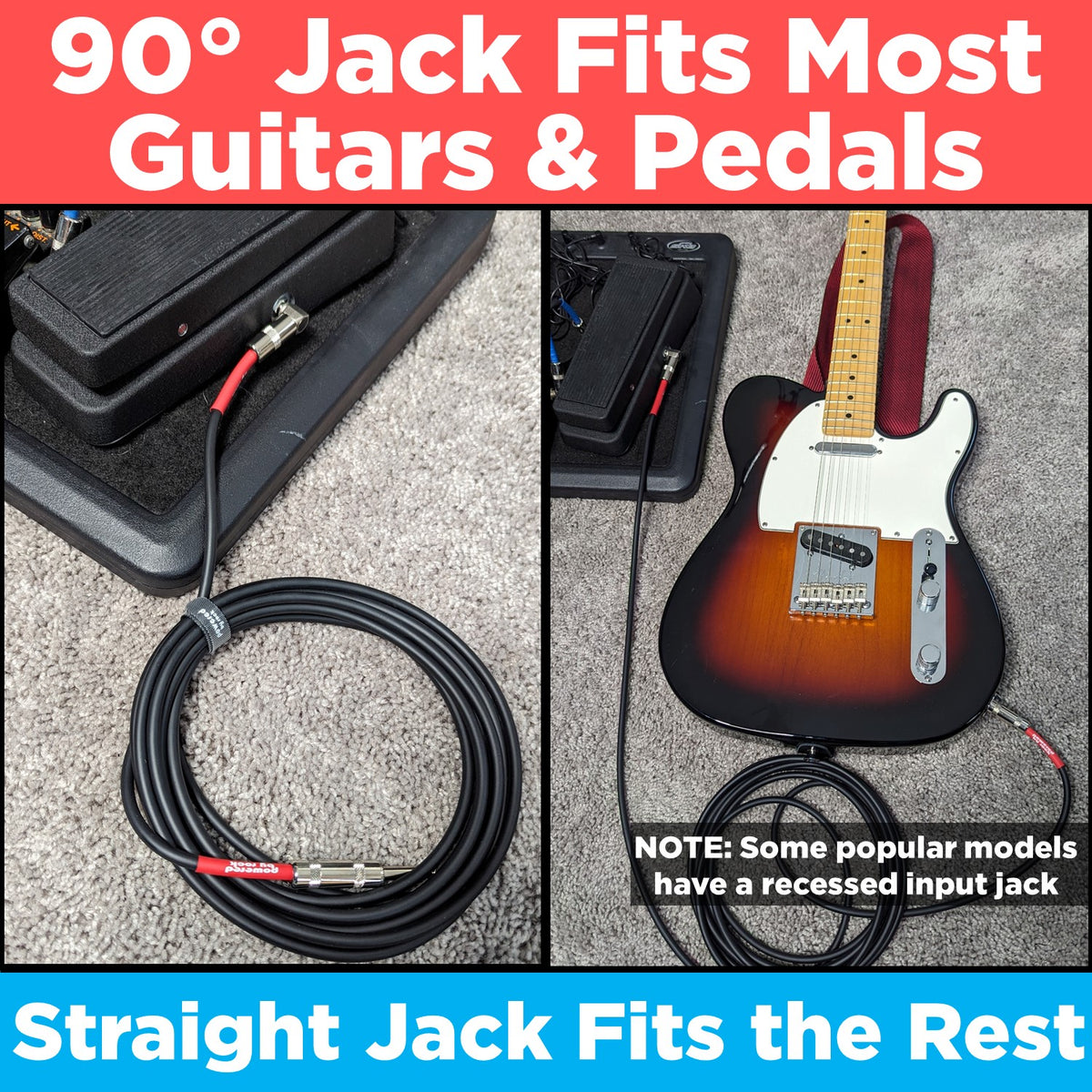 15ft Guitar & Bass Guitar - 1/4 Inch Cable With Right Angle Jack On One End - Black