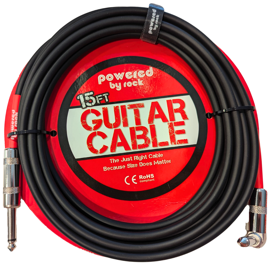 15ft Guitar & Bass Guitar - 1/4 Inch Cable With Right Angle Jack On One End to Secure Your Amp Cord - Black