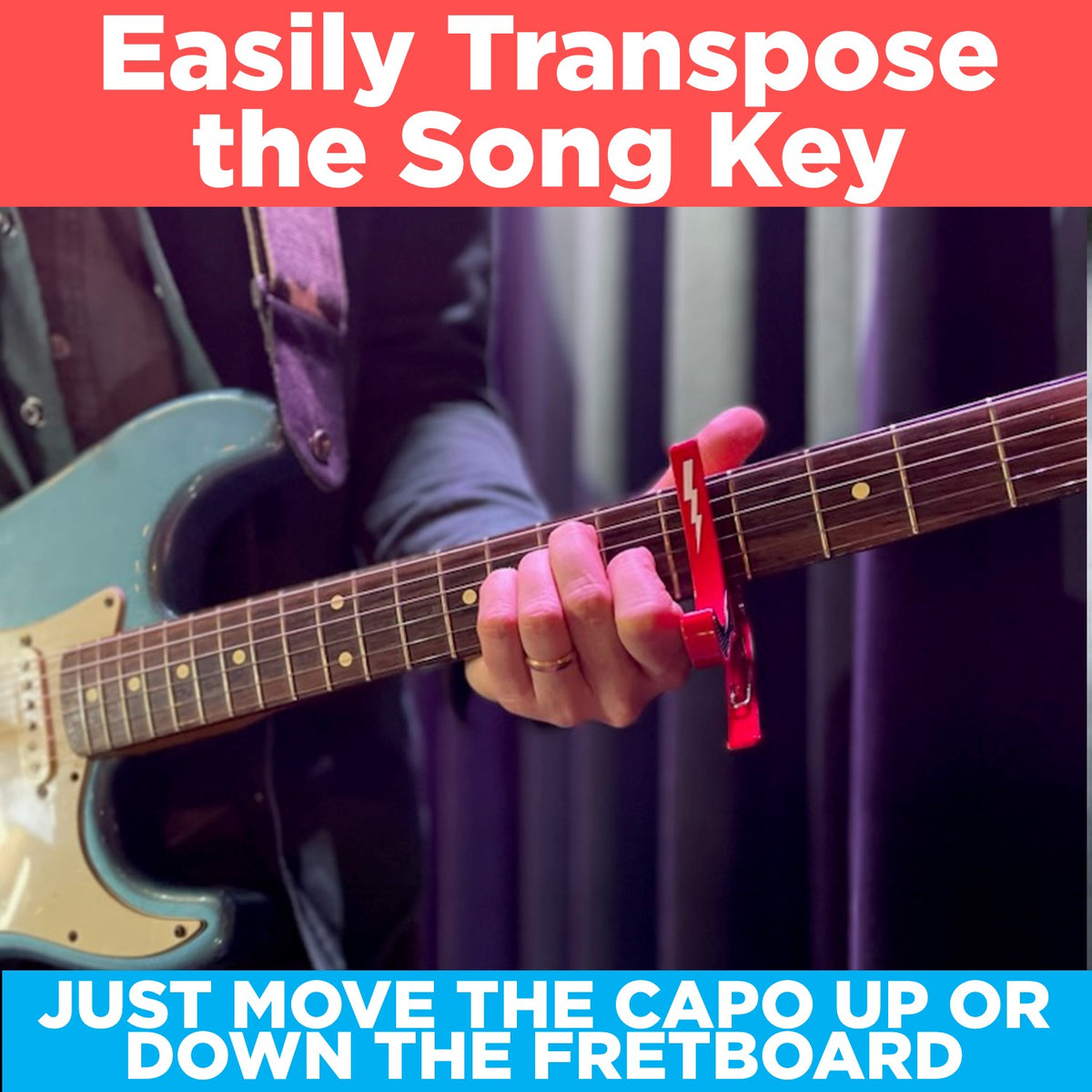 Red with White Lightning Guitar Capo - Fits on All Guitars, Basses, an ...