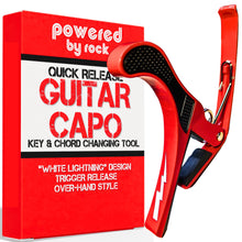 Load image into Gallery viewer, Guitar Capo for Acoustic and Electric Guitars - Guitar Accessory to Instantly Change Key &amp; Chord - Quick Release, Spring Action Grabber - White Lightning Design
