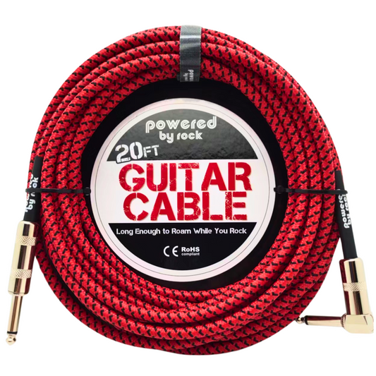 20ft Guitar & Bass Guitar - 1/4 Inch Cable With Right Angle Jack On One End - Red Rocker Braided