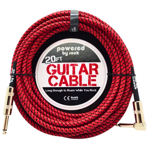 20ft Guitar & Bass Guitar Braided Cables - 1/4 Inch Cable With Right Angle Jack On One End to Secure Your Amp Cord - Rocker Red Style
