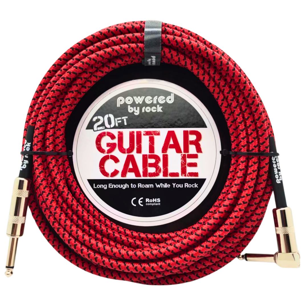 20ft Guitar & Bass Guitar Braided Cables - 1/4 Inch Cable With Right Angle Jack On One End to Secure Your Amp Cord - Rocker Red Style